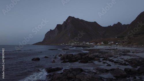 Aerial Evening View: Drone Footage of Viken Beach and Hauklandstranda in Lofoten, Norway photo