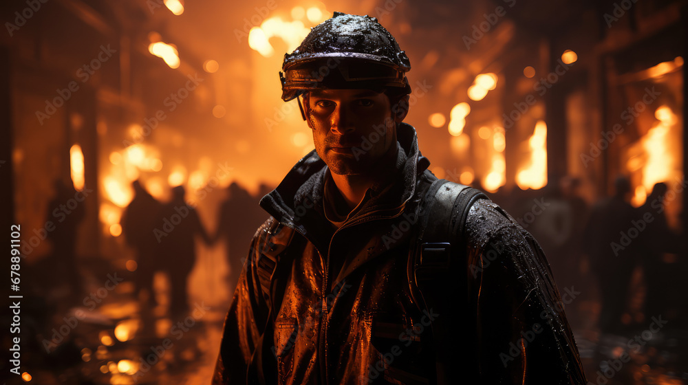 Fototapeta premium A firefighter is walking into a burning building