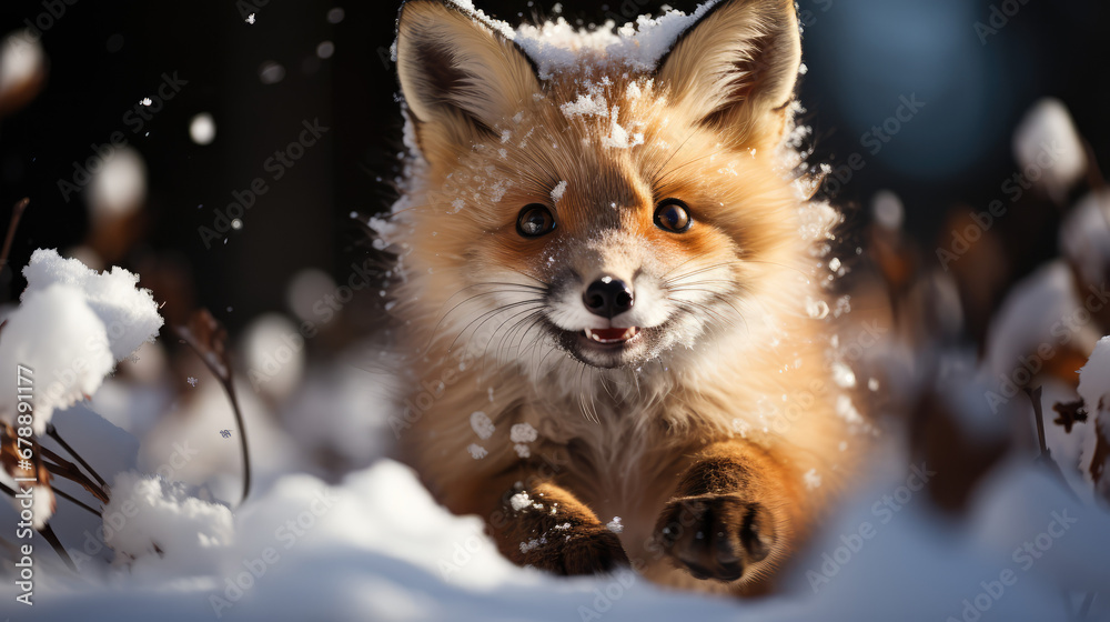 cute baby fox playing in winter snow
