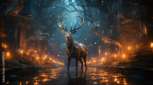 a magic festive reindeer covered in glowing lights in pine forest photo