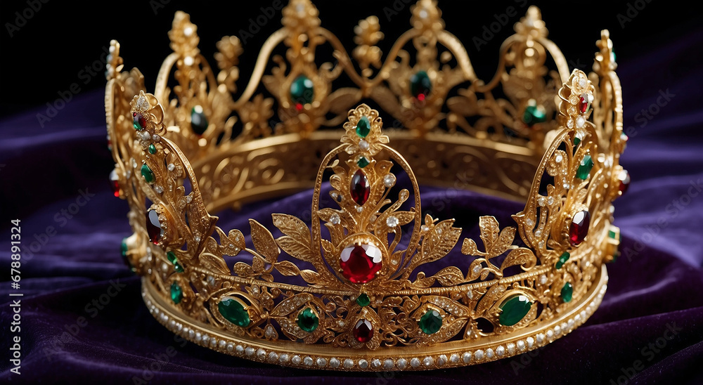 a stunning still life of a medieval crown, adorned with intricate gold filigree and sparkling jewels, set against a rich velvet backdrop - ai generative