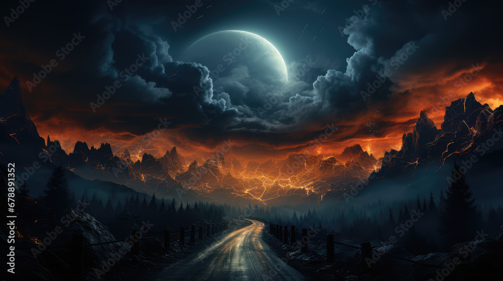 winding road through dark story skies