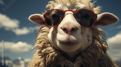 sheep wearing sunglasses, suit, tie