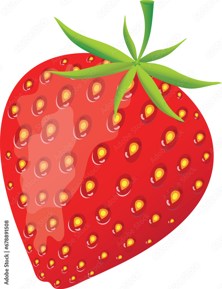 Obraz premium Hand drawn vector red strawberry. Single fresh strawberry icon with seeds, green stem and leaves, illustration object isolated.