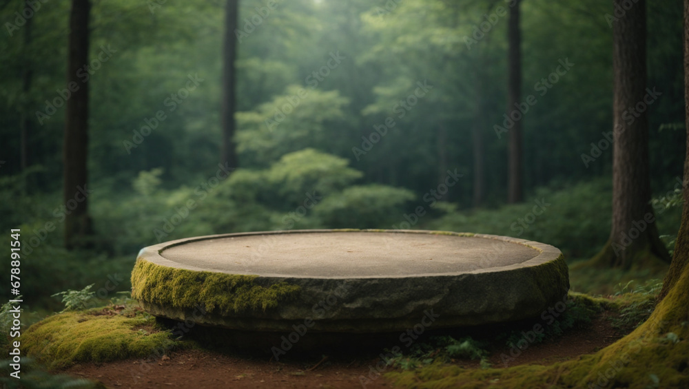 Stone podium in the forest , empty round stand background 