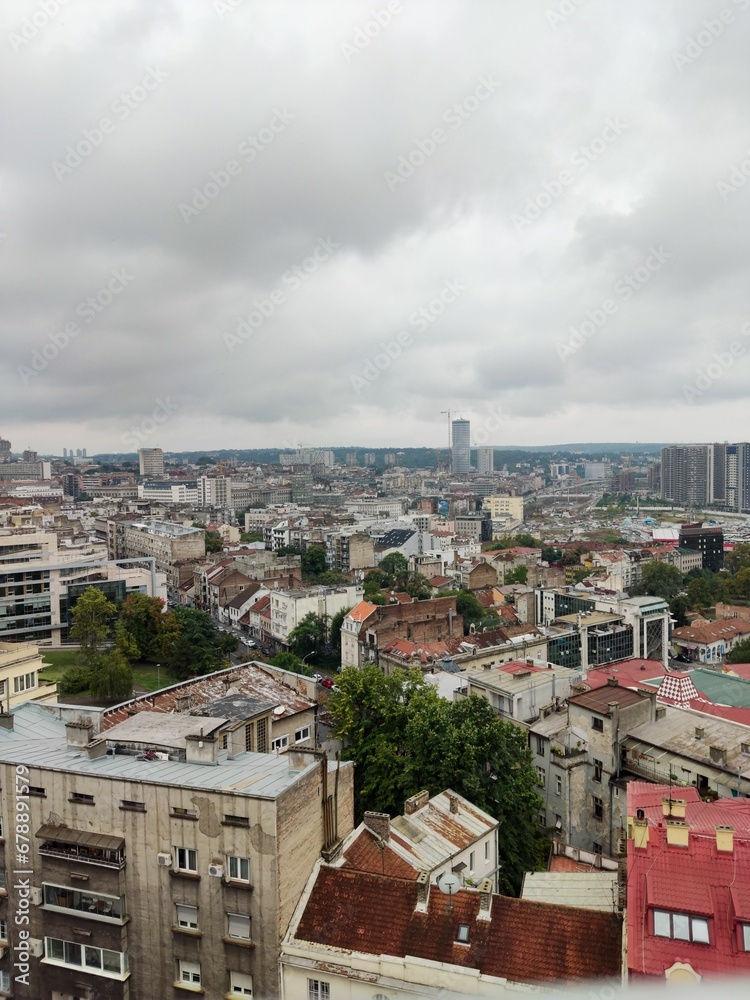 Vertical of the cityscape of Belgrade, the buildings of the capital city of Serbia on a cloudy day