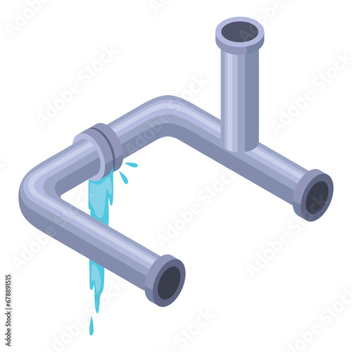 Leaking pipes isometric. Broken pipe tube with leaking water. Plumbing construction pipeline with damage element. 3d industrial water system