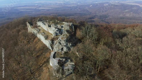 Aerial view of the ruins of Dregely Castle in autumn photo