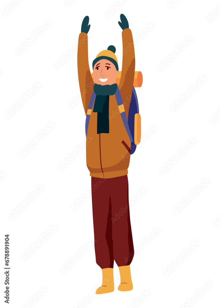 Young man walking alone. Cartoon backpacker on winter hiking, active walking at snowy season. People outdoors activity. Travel expedition Young man walking alone. Cartoon backpacker on winter hiking, active walking at snowy season. People outdoors activity. Travel expedition