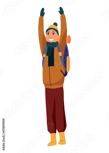 Young man walking alone. Cartoon backpacker on winter hiking, active walking at snowy season. People outdoors activity. Travel expedition
