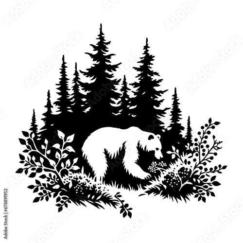 Bear Foraging Berries in a Bushy Thicket Vector Logo Art