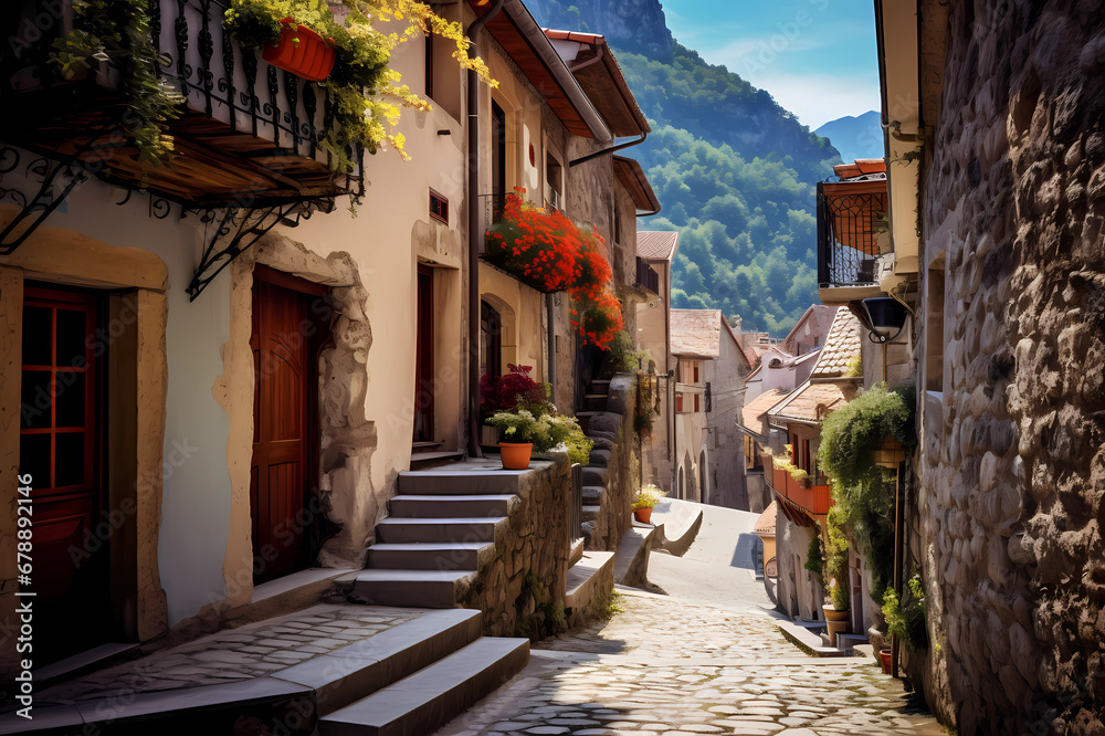 alley in quaint Alpine mountain village in Autumn alley in quaint Alpine mountain village in Autumn
