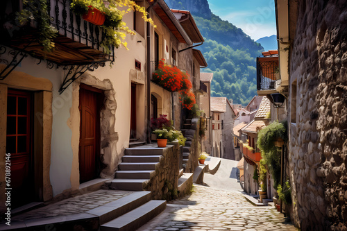 alley in quaint Alpine mountain village in Autumn