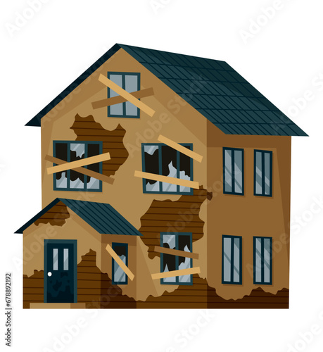 Old weathered house or dwelling. Abandoned home in bad condition. Bad old trouble building with damaged roof, shabby walls and exterior. Isolated neglected property