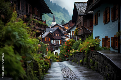 alley in quaint Alpine mountain village after rain