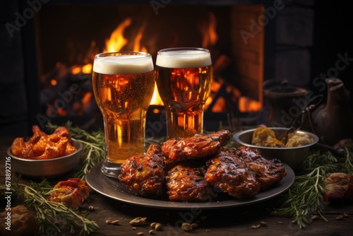 Brews and Barbecue Bliss  Find bliss in the combination of brews and barbecue with grilled chicken wings and a beer  an idyllic scene against a wooden backdrop