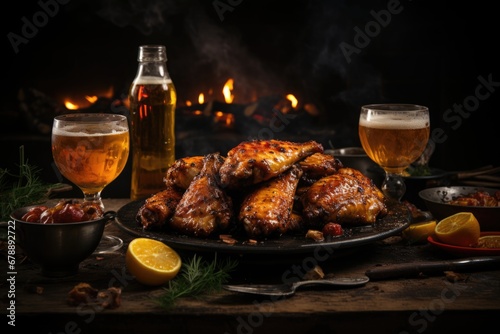 Brews and Barbecue Bliss: Find bliss in the combination of brews and barbecue with grilled chicken wings and a beer, an idyllic scene against a wooden backdrop