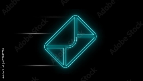 message icon flying in black background. Neon glowing light