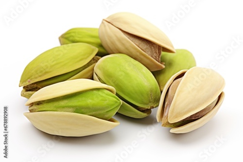 Macro Close-Up of Pistachios: A detailed macro shot capturing the texture and color of pistachio nuts against a clean white background