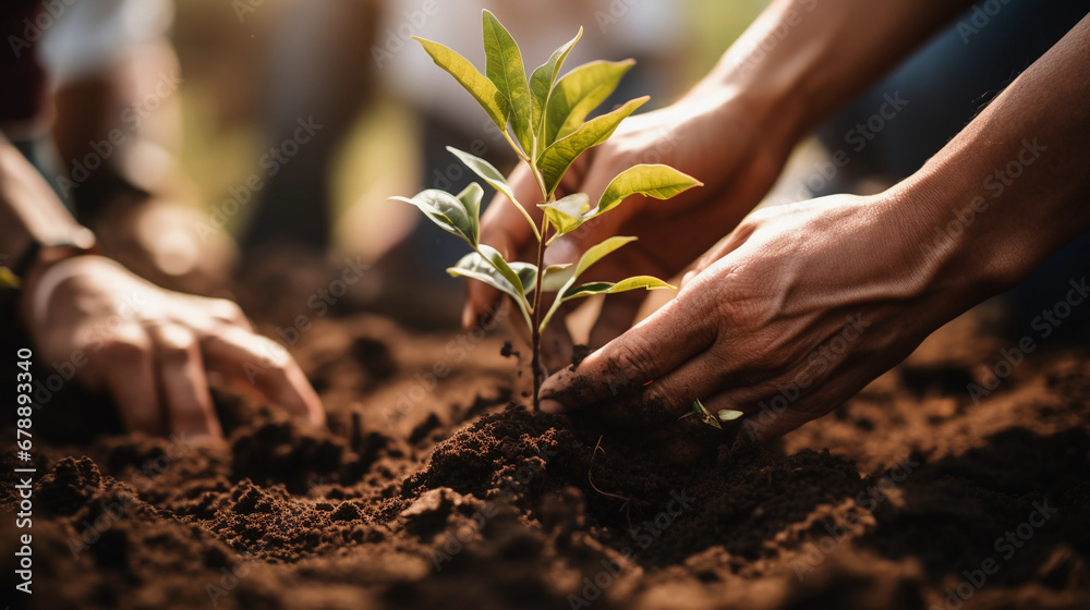 Fototapeta premium Hands holding a plant. Family planting a tree. Ecology concept.