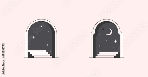 Vector mystic logo design templates with portals,steps,night,stars,crescent moon.Surreal abstract illustration with moroccan arch.Magical emblem in oriental style.Branding design templates.