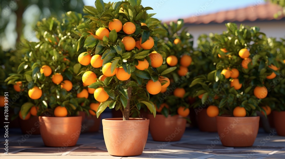 Pot small orange fruit trees high resolution Ai generated Pictures - obrazy, fototapety, plakaty 