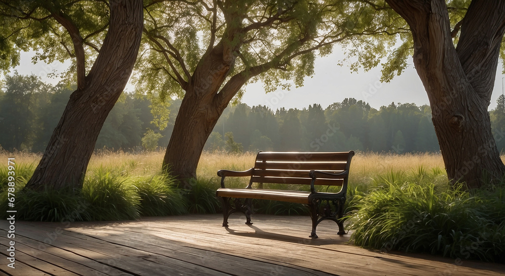 A wooden bench with beautiful vegetation on both sides - AI Generative A wooden bench with beautiful vegetation on both sides - AI Generative