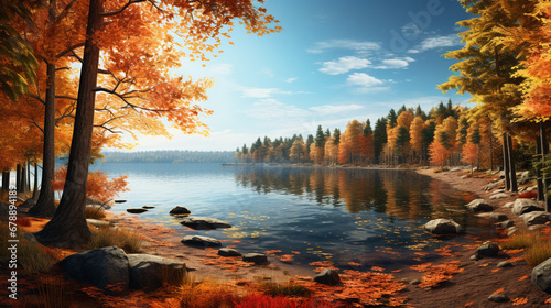 A beautiful lake in the autumn forest. Autumn forest lake. Lake in autumn forest. Autumn forest lake view