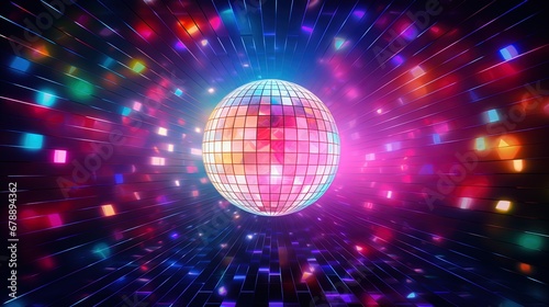 Against a backdrop of dark bokeh lights, a vibrant disco ball adds a burst of color to the scene, creating a lively and dynamic atmosphere.