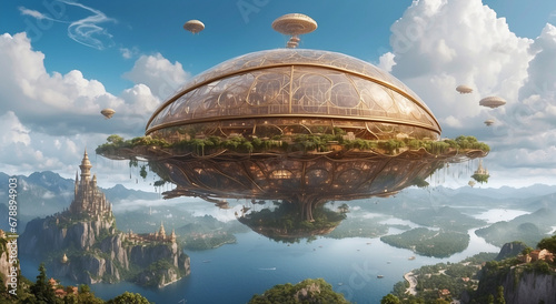 An enchanting image of a floating city in the clouds, where colossal airships navigate between levitating islands - AI Generative