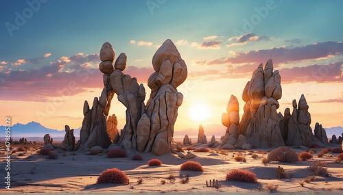 An otherworldly alien desert landscape at dusk, with a bright sun setting behind a horizon filled with strange, surreal rock formations and plants that defy earthly norms - AI Generative