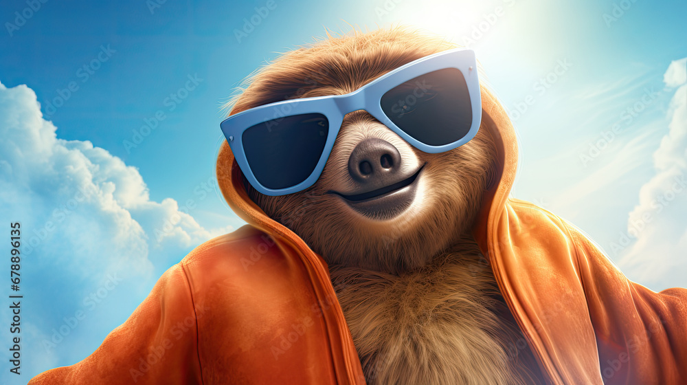 Fototapeta premium Sloth in glasses. Close-up portrait of a sloth. An anthopomorphic creature. A fictional character for advertising and marketing. Humorous character for graphic design.