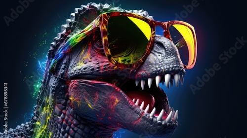Funny tyrannosaurus rex with sunglasses. Prehistoric lizard. T-Rex monster. Children's toy figurine of a dinosaur made of plastic or rubber. Digital art. Illustration for cover, card, print, etc. © Login