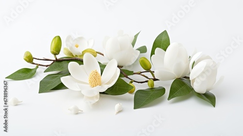 A blooming jasmine  magnolia or gardenia flower on a sprig with buds and green leaves. Illustration for cover  card  postcard  interior design  brochure or presentation.