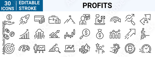 set of 30 line web icons Investment, Profits, bear, bull, stock exchange, profits, trading, growth, collection. Editable stroke.