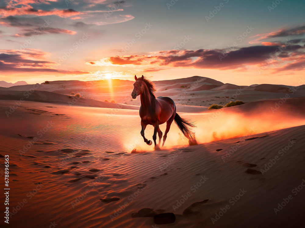 Horse in the Sahara desert, Morocco, Africa. Sunset landscape
 - obrazy, fototapety, plakaty 