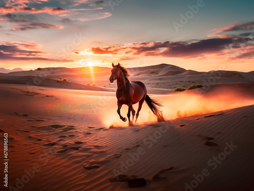 Horse in the Sahara desert  Morocco  Africa. Sunset landscape 