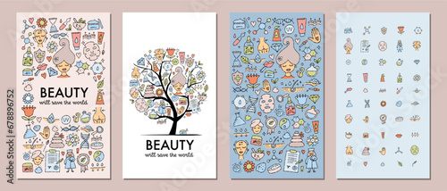 Cosmetology health and Skin care. Banners collection for your design - frame, tree, patterns and icons