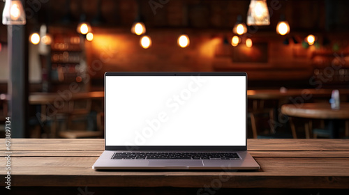 laptop on wooden table with white screen mockup, on blurred background of bar. concept of freelancing and working from anywhere in the world.copy space