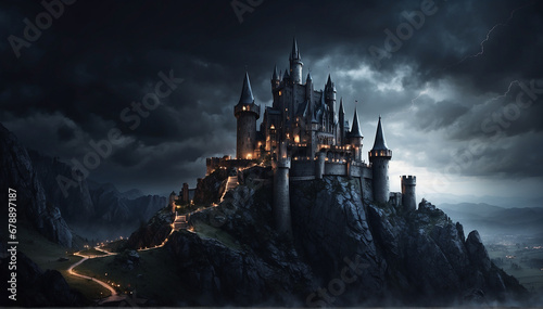 landscape of a dark castle with lights - AI Generative