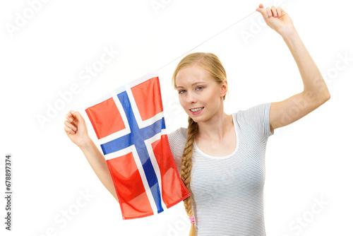 Young woman with norwegian flag