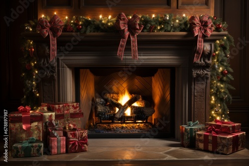 Festive Fireplace Decorated with Cozy Ornaments, Twinkling Lights, and Holiday Spirit