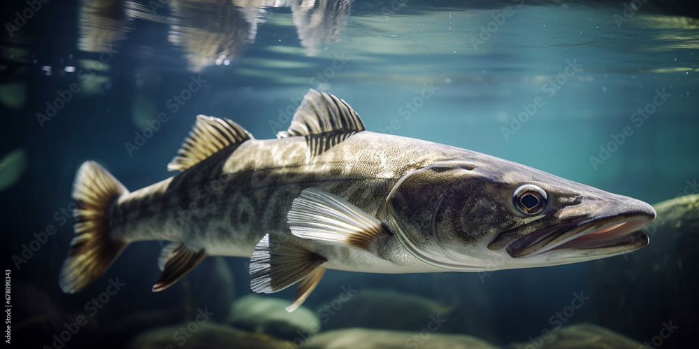 Fishing. Close-up shut of a zander fish under water. Generative AI - obrazy, fototapety, plakaty 