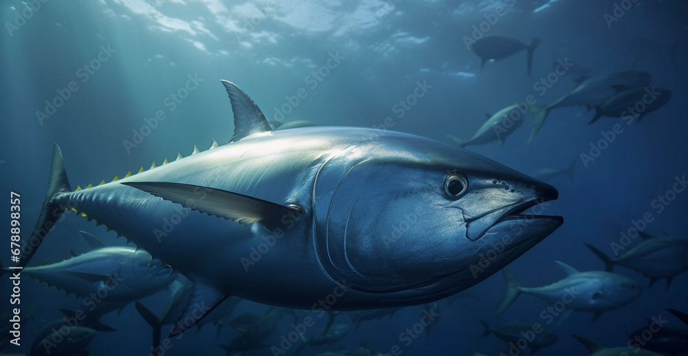 Obraz premium Fishing in the sea. tuna fish underwater view. Generative AI