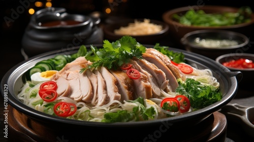 Chicken noodle on wooden bowl .UHD wallpaper