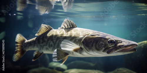 Fishing. Close-up shut of a zander fish under water. Generative AI photo