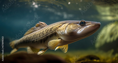 Fishing. Close-up shut of a zander fish under water. Generative AI