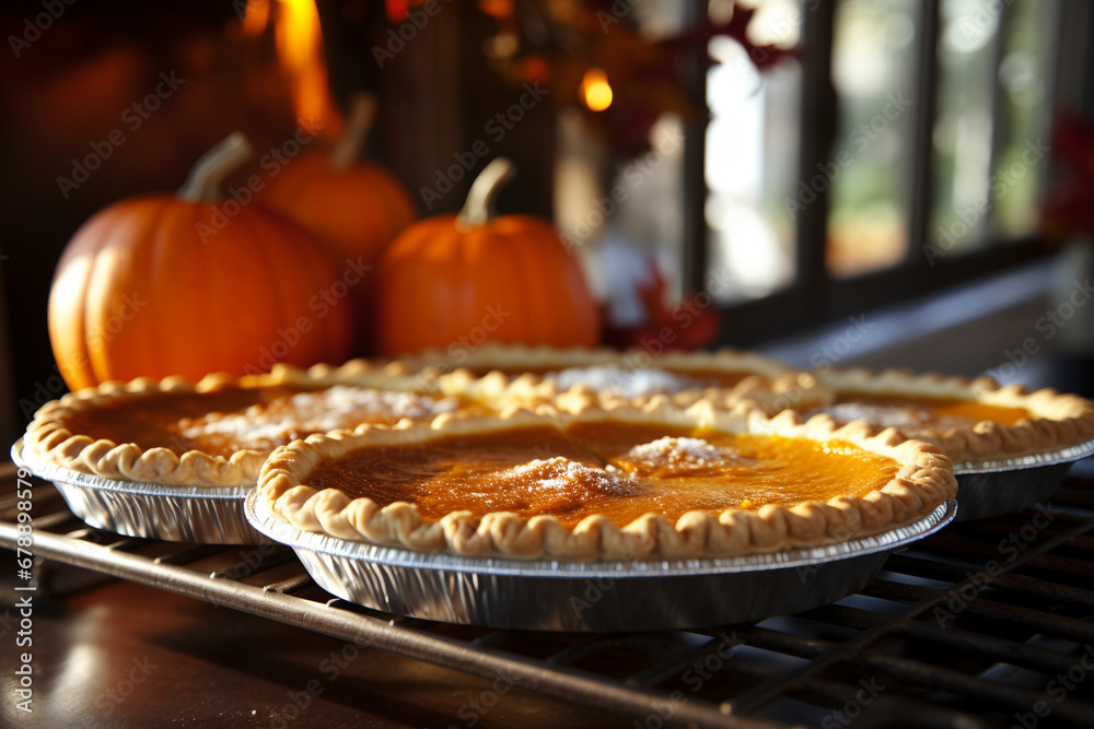 Naklejka premium A family tradition of baking homemade pumpkin pies, with golden pies cooling on a windowsill, filling the air with a sweet aroma.