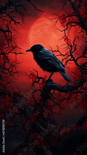 Red moon red tree crow high definition hyper real Ai generated art © Arabindu