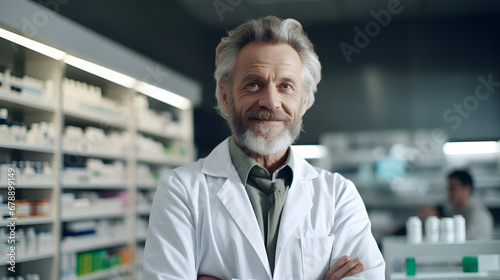 Portrait of a handsome pharmacist standing in front of stock in the shop smiling at the camera, close up head and shoulders